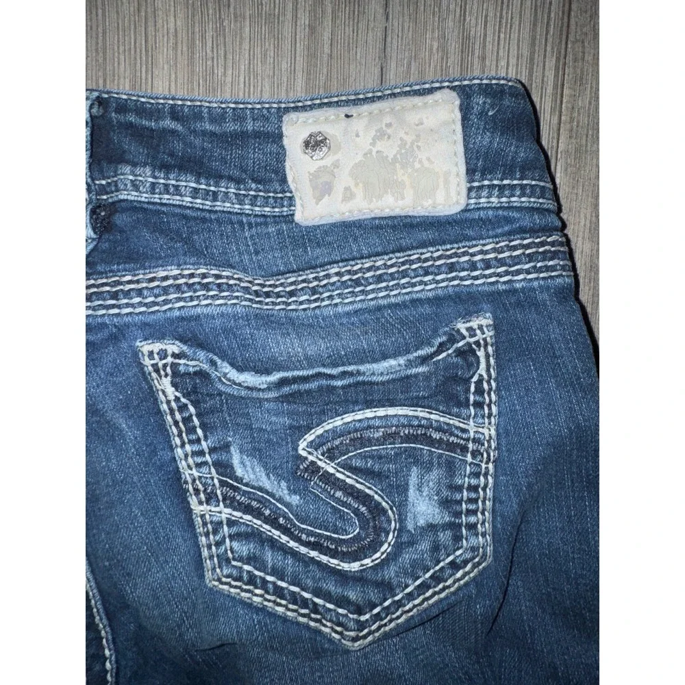 Silver Jeans Co Suki Mid Rise Bootcut Dark Wash Contrast Stitch Jeans 27 x 31.5
